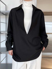 Solid Color Long Sleeves Loose Lapel Blouses