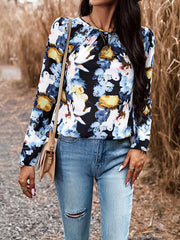 Flower Print Pleated Long Sleeves Loose Round-neck Shirts Tops