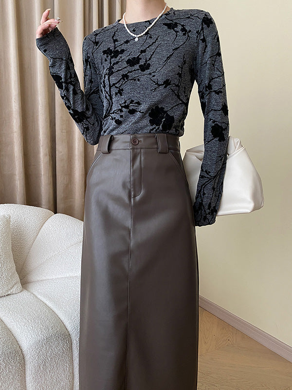 Flower Print Long Sleeves Round-Neck T-Shirts Tops