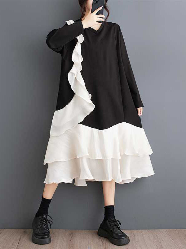 Contrast Color Pockets Ruffle Trim Split-Joint A-Line Long Sleeves V-Neck Midi Dresses