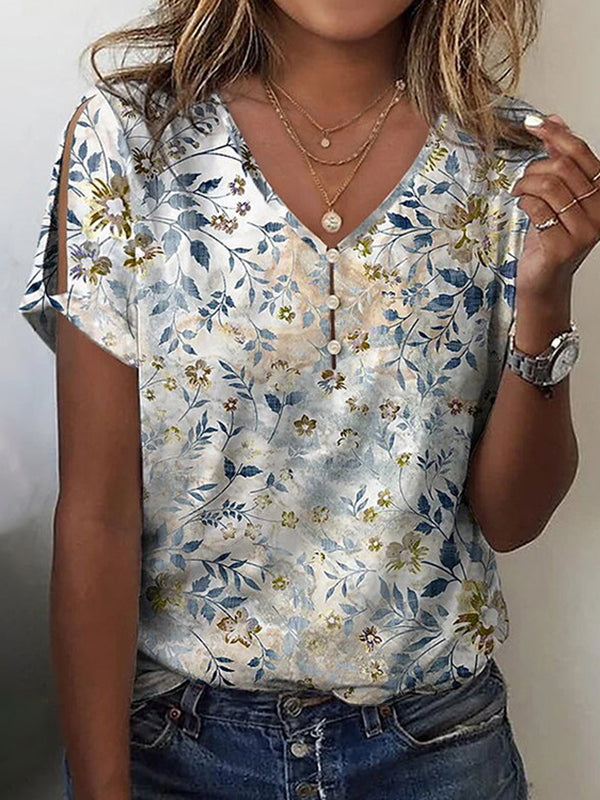 Buttoned Flower Print Hollow Loose Plus Size V-Neck T-Shirts Tops