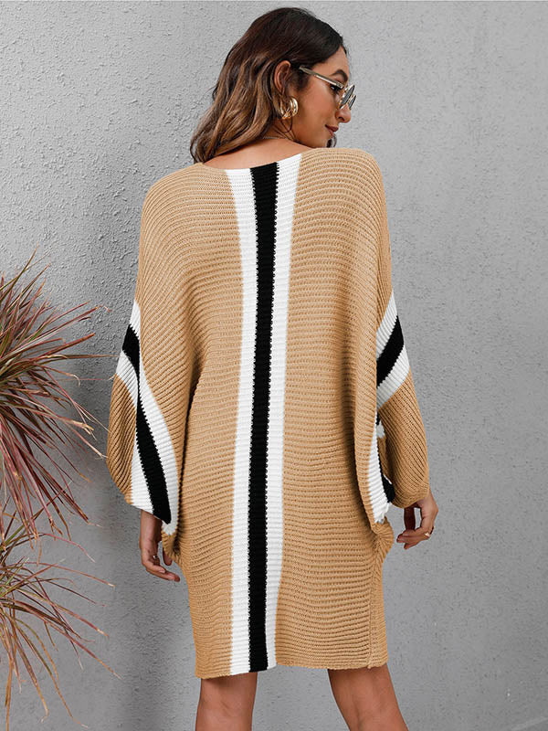 Original Loose 4 Colors Striped Round-Neck Batwing Long Sleeves Sweater Dress