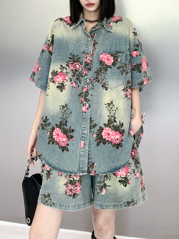 Floral Printed Split-Joint High-Low Loose Lapel Blouses&Shirts Tops