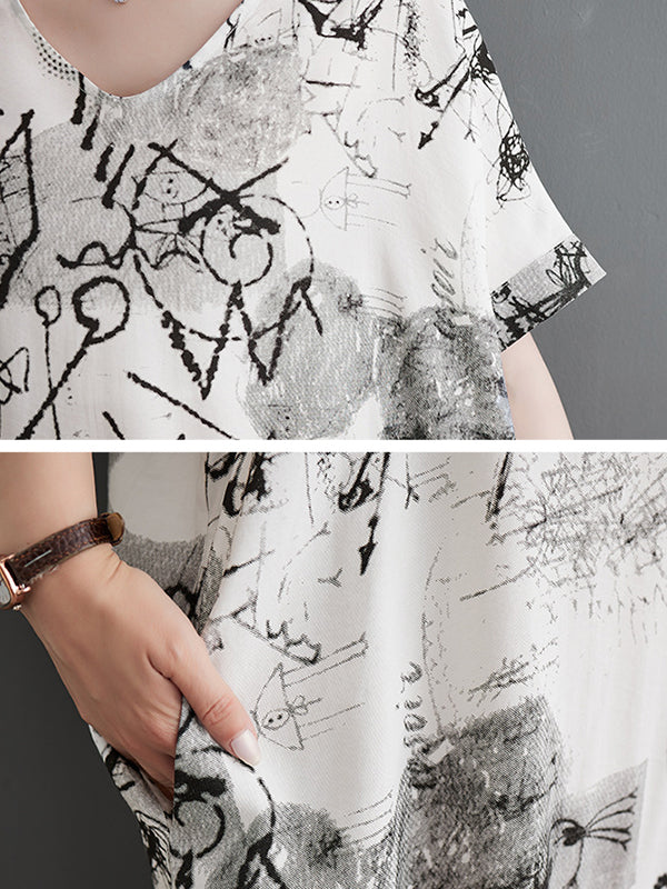 Printed Irregular clipping Loose V-neck Maxi Dresses