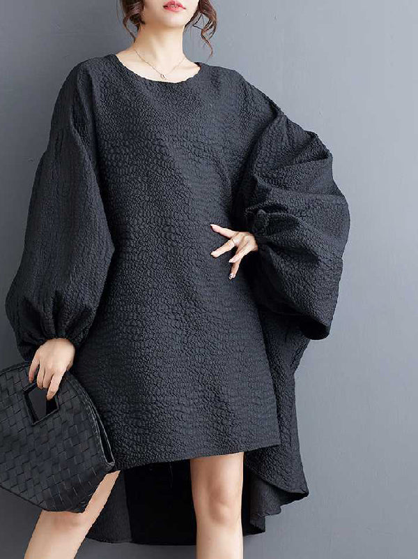 Elasticity Solid Color Split-Joint High-Low Long Sleeves Round-Neck Midi Dresses