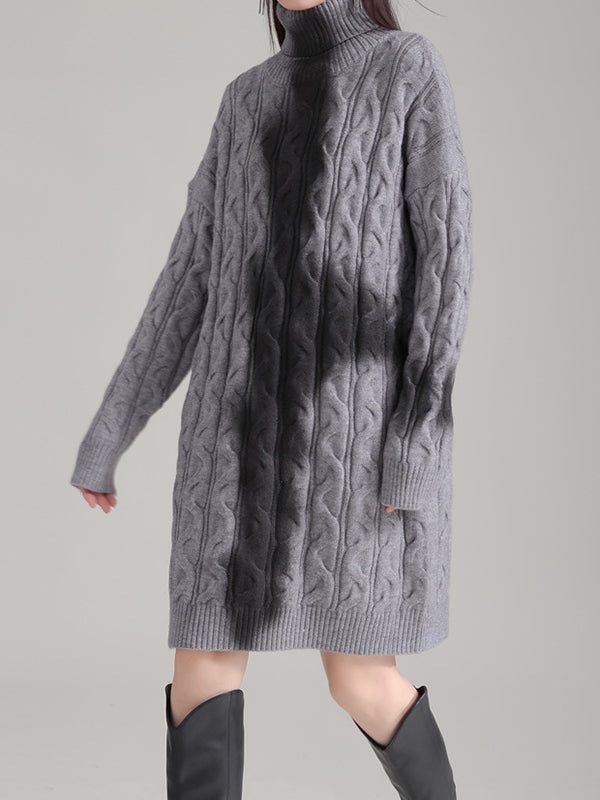 Contrast Color Long Sleeves Loose High Neck Sweater Dresses Mini Dresses
