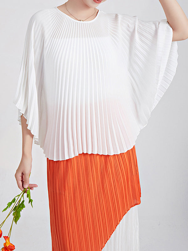 Pleated Solid Color Batwing Sleeves Loose Round-Neck T-Shirts Tops