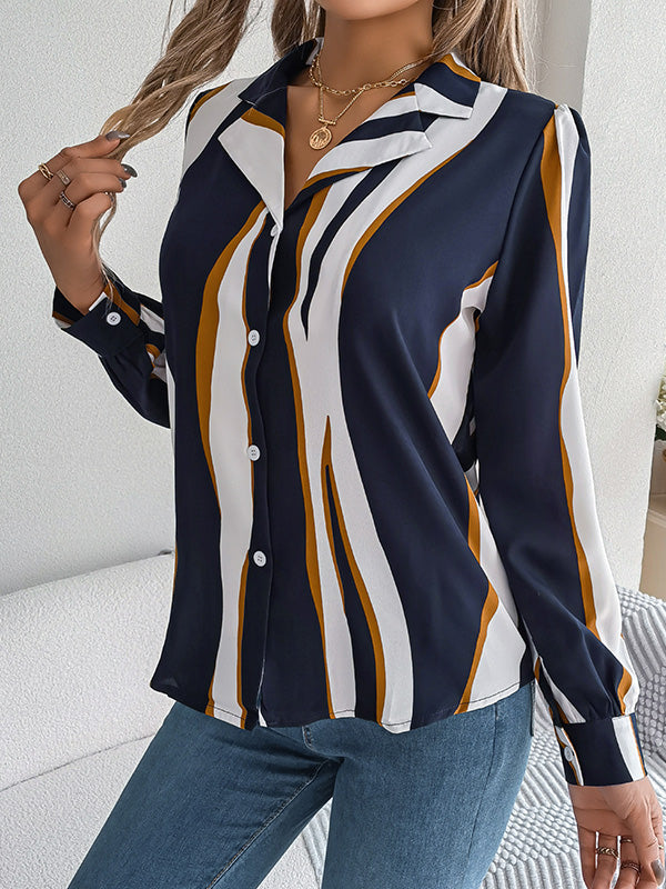 Buttoned Contrast Color Printed Long Sleeves Loose Notched Collar Blouses&Shirts Tops