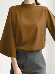 Flared Sleeves Loose Pleated Solid Color Split-Joint Stand Collar Blouses&Shirts Tops