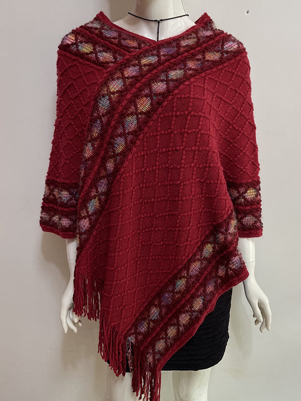 Asymmetric Tasseled Loose V-Neck Shawl&Cloak Cape