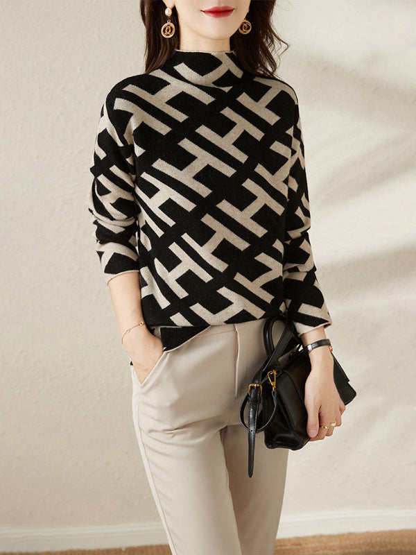 Original Skinny Long Sleeves Contrast Color Jacquard High-Neck Sweater Tops