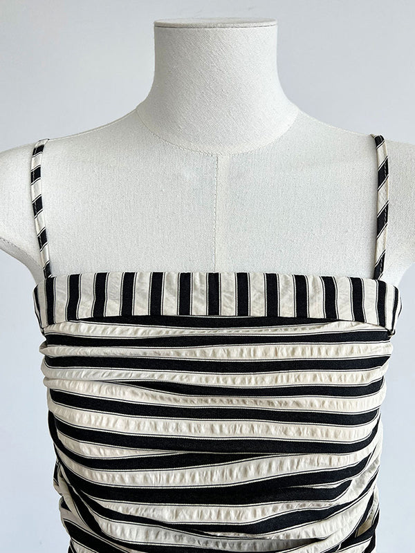 Pleated Split-Joint Striped Loose Sleeveless Spaghetti-Neck Midi Dresses