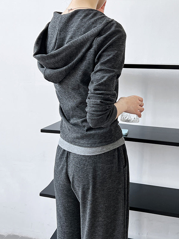 Buttoned Long Sleeves Hooded  T-Shirts Top + Vest Top + Wide Leg Drawstring Elasticity Pants Bottom Three Pieces Set