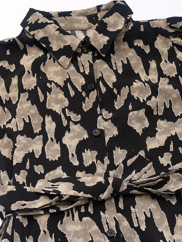 Printed Split-Joint Tied Waist Long Sleeves Loose Lapel Shirt Dress Midi Dresses