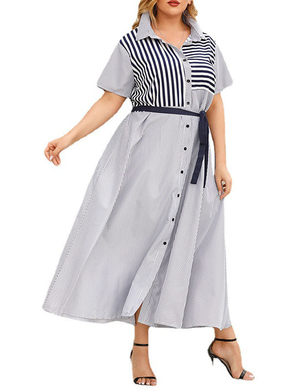 Buttoned Split-Joint Striped Tied Waist Loose Plus Size Lapel Shirt Dress Maxi Dresses