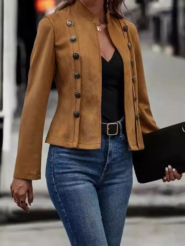 Buttoned Split-Joint Long Sleeves Loose Stand Collar Outerwear