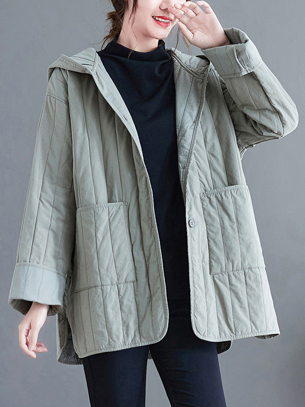 Casual Long Sleeves Loose Buttoned Keep Warm Solid Color Hooded Padded Coat/Down Coat