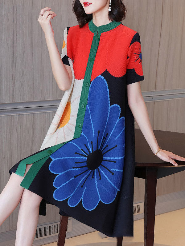 Buttoned Flower Print Pleated A-Line Loose Round-Neck Midi Dresses