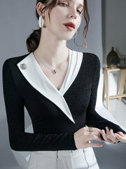 Asymmetric Contrast Color Split-Joint Long Sleeves Skinny V-neck Blouses&shirts Tops