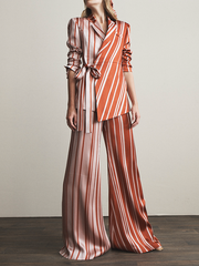 Striped Tied Long Sleeves Notched Collar Outerwear Blazer