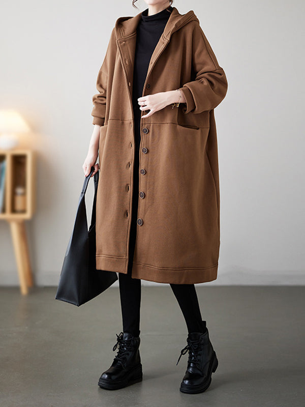 Buttoned Pockets Long Sleeves Loose Hooded Outerwear