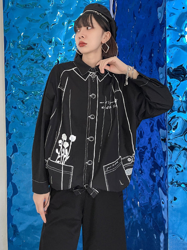 Casual Contrast Color Printed Drawstring Blouse Top