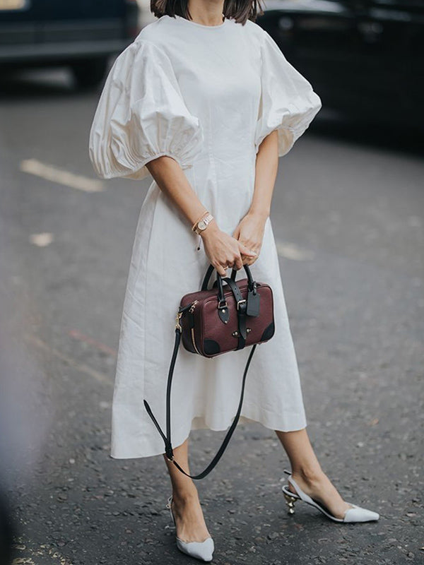 Solid Color Half Sleeves Loose Round-Neck Midi Dresses