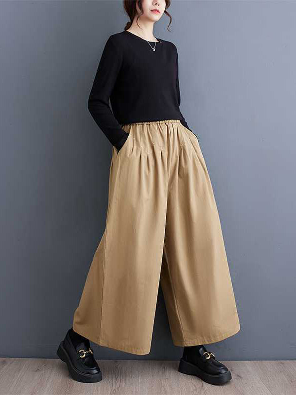 Elasticity Embroidered Pleated Loose Wide Leg Trousers Ninth Pants