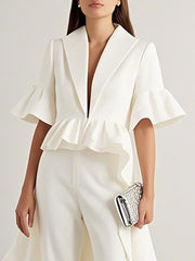Flared Sleeves Half Sleeves Ruffle Trim Solid Color Deep V-Neck Blouses&Shirts Tops Outerwear