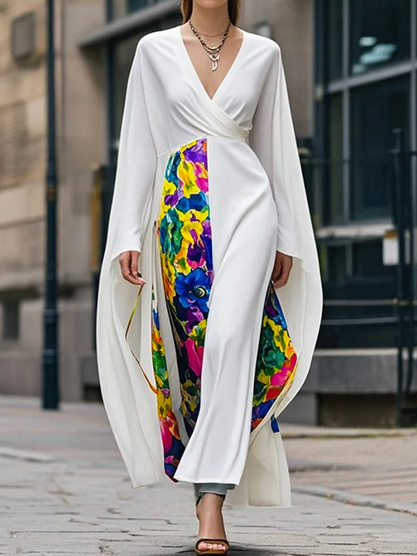 Contrast Color Flower Print Split-Joint Long Sleeves Loose Deep V-Neck Maxi Dresses