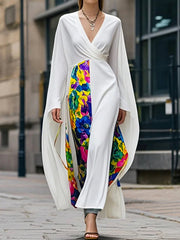 Contrast Color Flower Print Split-Joint Long Sleeves Loose Deep V-Neck Maxi Dresses