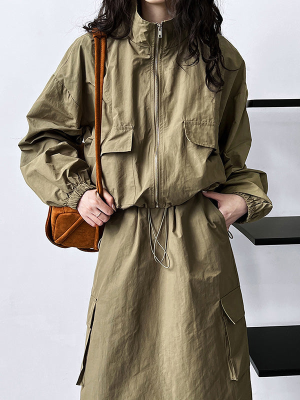 Solid Color Zipper Long Sleeves Loose Drawstring Elasticity Pockets Stand Collar Jacket Top + Split-Back Skirts Bottom Two Pieces Set