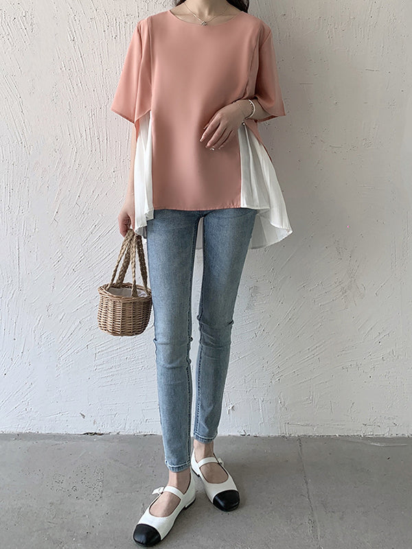 Split-Joint Half Sleeves Irregularity Round-Neck T-Shirts Tops