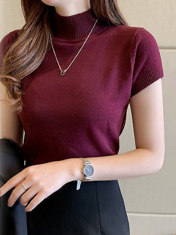 High-Neck Solid Color Short Sleeve Kintwear