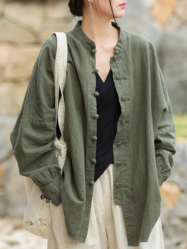 Chinese Frog Buttons Pleated Solid Color Split-Joint Batwing Sleeves Loose Stand Collar Blouses