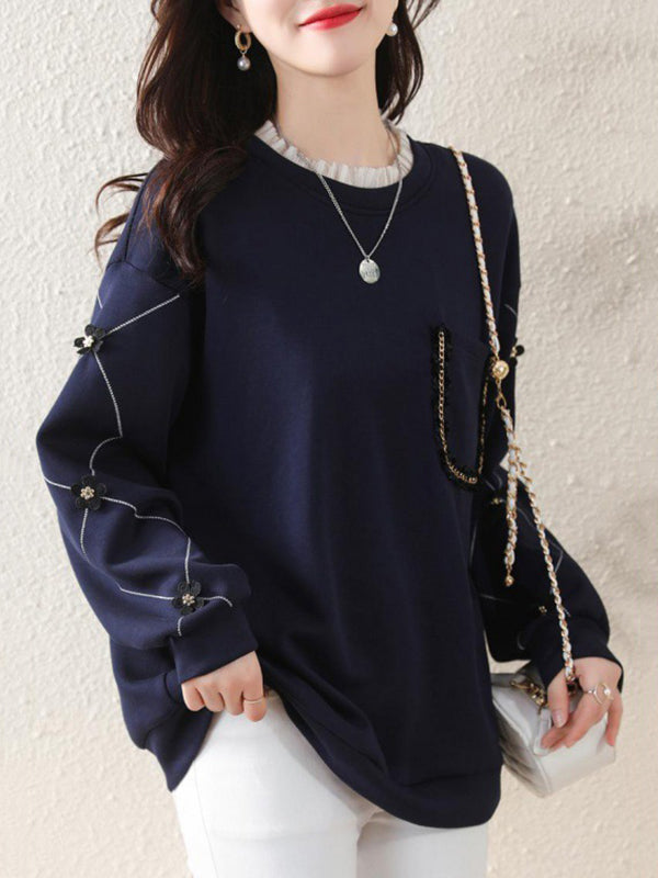 Chains Pockets Ruffled Split-Joint Three-Dimensional Flower Long Sleeves Loose Round-Neck T-Shirts Tops