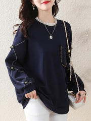 Chains Pockets Ruffled Split-Joint Three-Dimensional Flower Long Sleeves Loose Round-Neck T-Shirts Tops