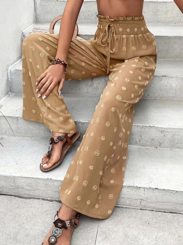Drawstring Elasticity Jacquard Solid Color High Waisted Loose Trousers Pants