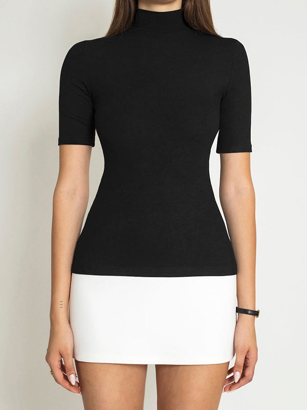 Contrast Color Split-Joint Short Sleeves Skinny High Neck Mini Dresses