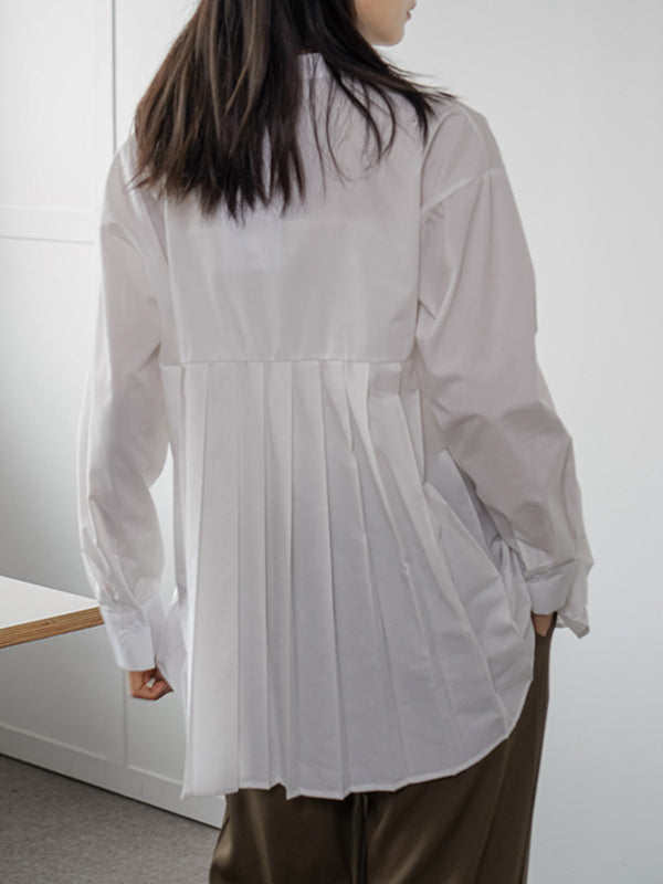 Buttoned Pleated Solid Color Long Sleeves Loose Round-Neck Blouses&Shirts Tops