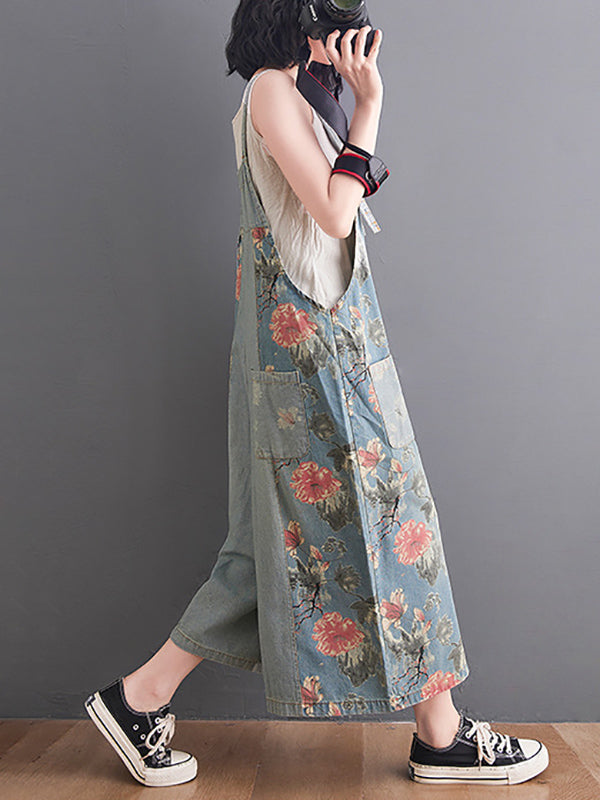 Buttoned Floral Printed Split-Joint Loose Oversize Overalls Ninth Pants