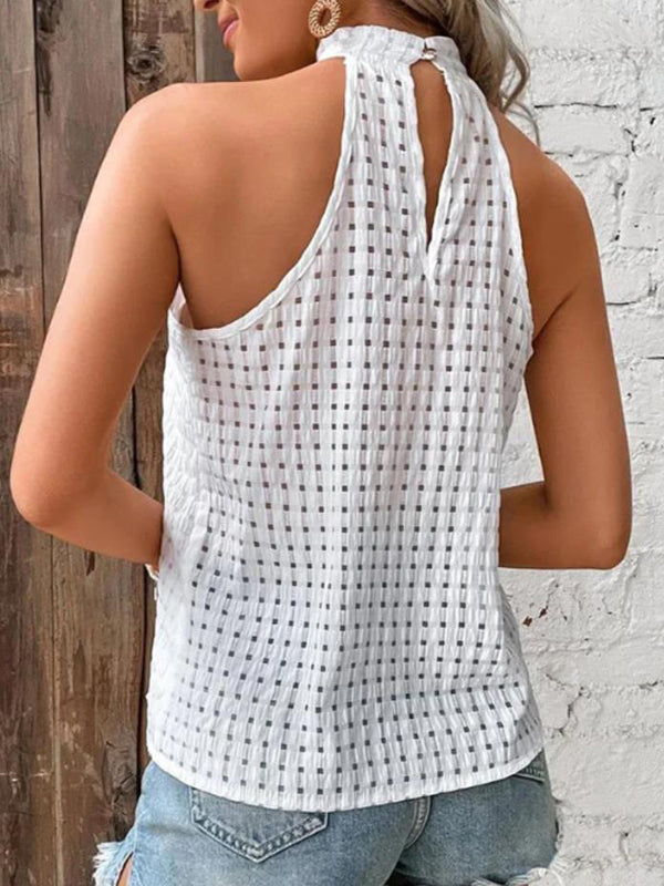 Hollow Jacquard Pleated Solid Color Loose Plus Size Halter-Neck Vest Top