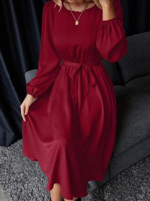 Elasticity Pleated Solid Color Split-Joint Tied Waist Loose Puff Sleeves Round-neck Midi Dresses