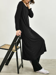 Simple Long Sleeves Loose Solid Color Round-Neck Midi Dresses