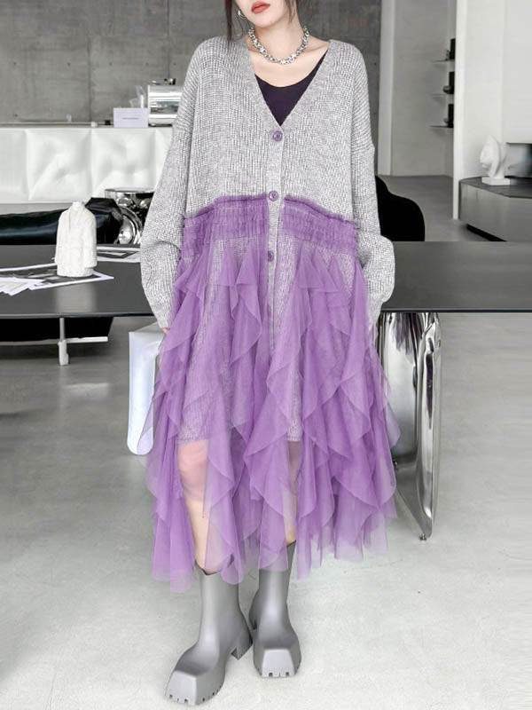Buttoned Contrast Color Mesh Pleated Ribs Split-Joint High-Low Irregularity Collarless Outerwear Cardigan Tops