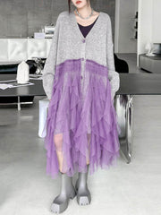 Buttoned Contrast Color Mesh Pleated Ribs Split-Joint High-Low Irregularity Collarless Outerwear Cardigan Tops
