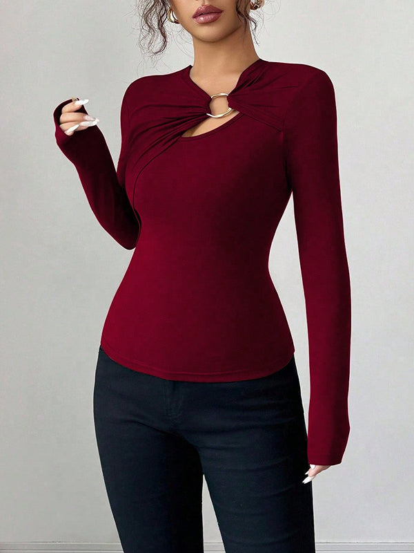Solid Color Split-Joint Long Sleeves Skinny Asymmetric Collar T-Shirts