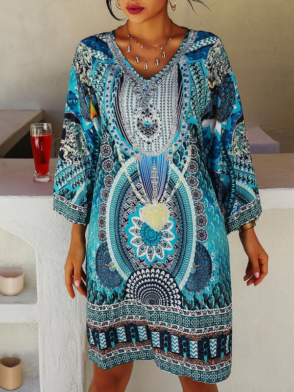 Printed Split-Joint A-Line Flared Sleeves V-Neck Mini Dresses