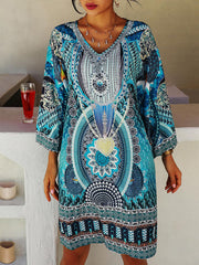 Printed Split-Joint A-Line Flared Sleeves V-Neck Mini Dresses