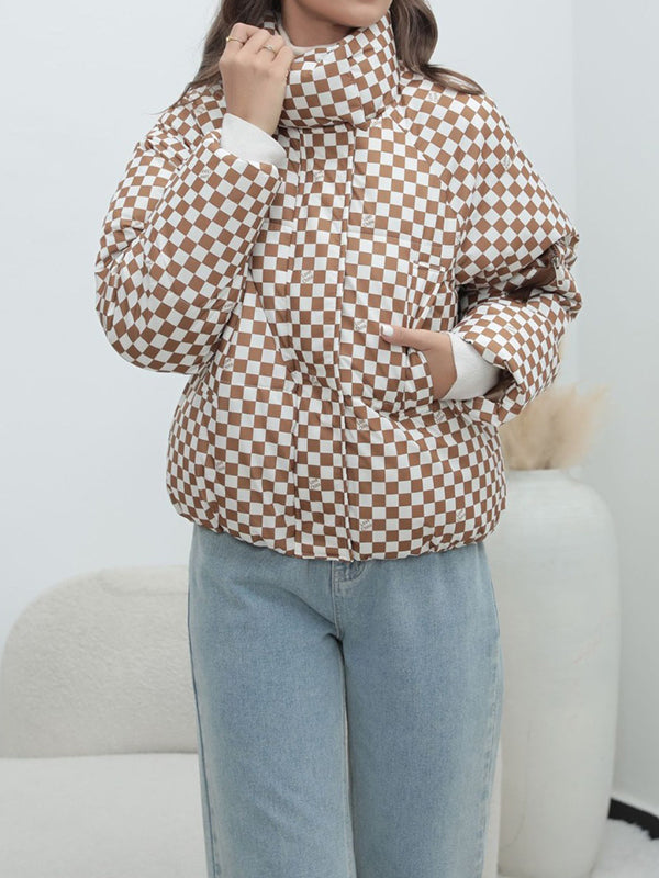 Keep Warm Plaid Quilted Zipper Long Sleeves Loose Stand Collar Padded Coat